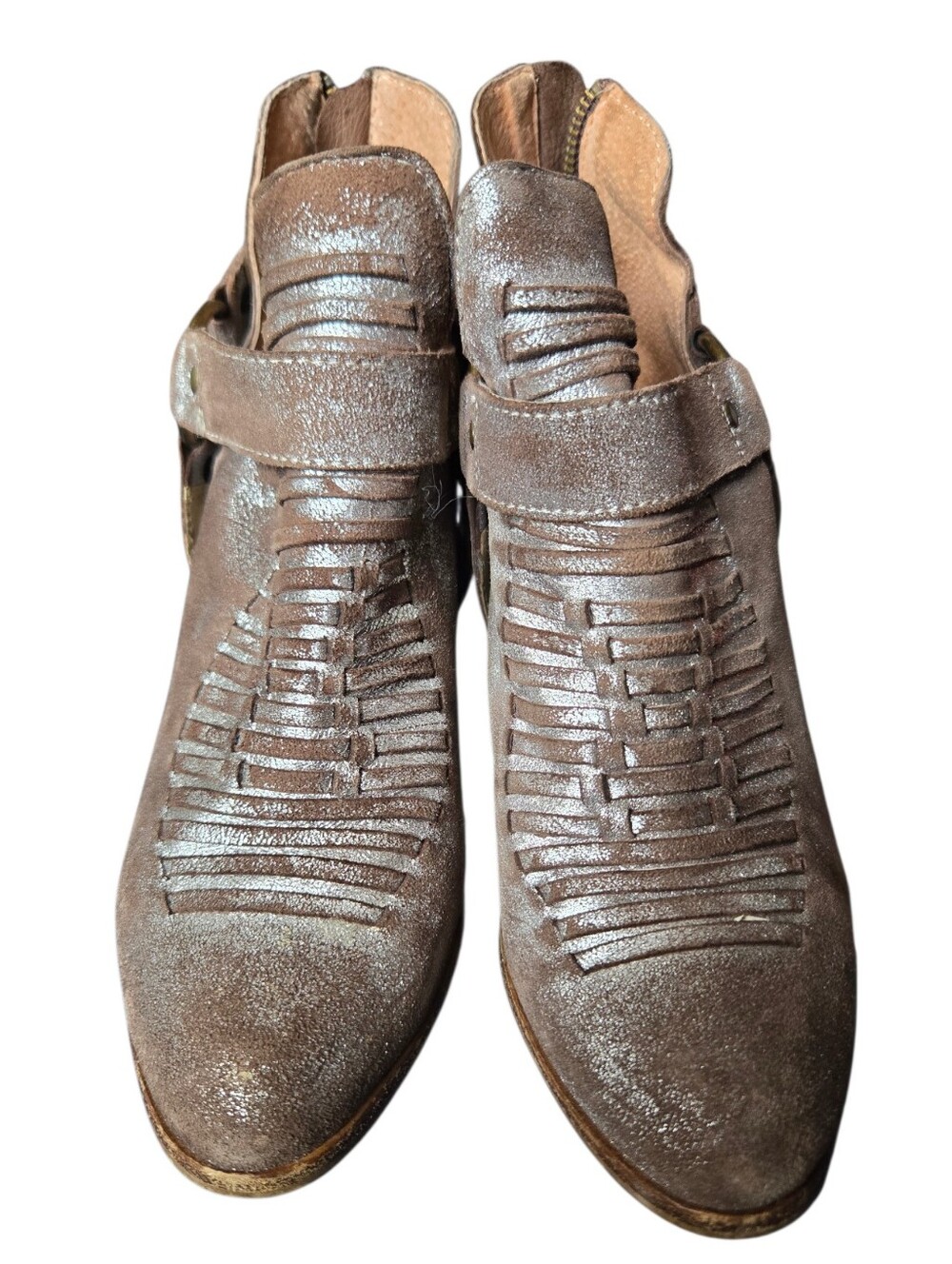 🤎 Seychelles "Impossible" Metallic Pewter Leather Fringe Booties | Size 8.5 | B - Picture 5 of 12